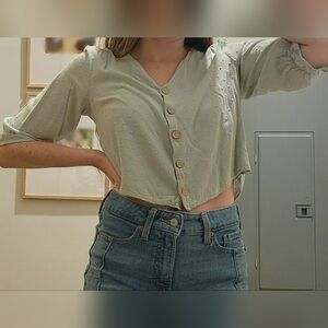 Sage Green Cropped Textured Blouse